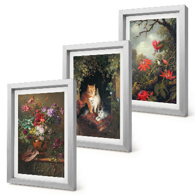 Lot de 3 tableaux Fleurs vintage, chats et plantes dans la nature