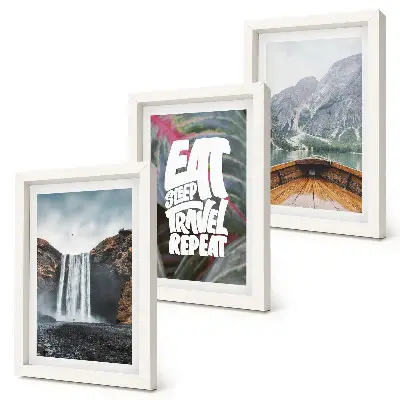 Ensemble de 3 tableaux représentant des cascades de montagne, un voyage en bateau au cœur de la nature et de la végétation