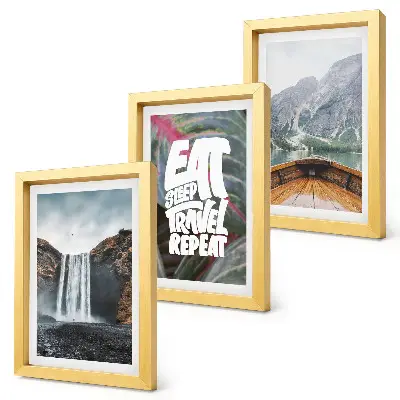Ensemble de 3 tableaux représentant des cascades de montagne, un voyage en bateau au cœur de la nature et de la végétation