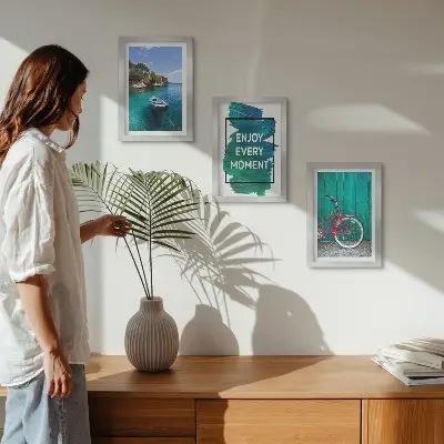 Ensemble de 3 tableaux vue sur la mer avec inscription inspirante bateau et vélo