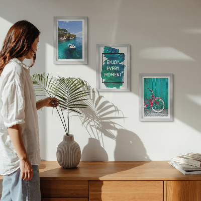 Ensemble de 3 tableaux Vue sur la mer avec inscription inspirante bateau vélo