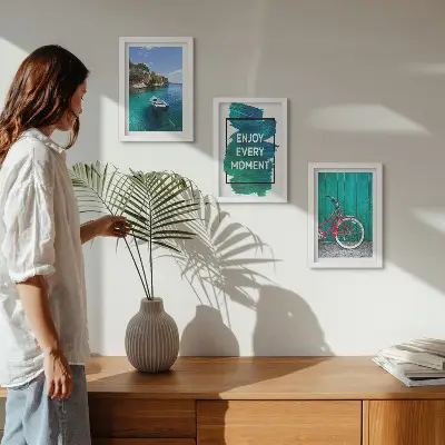 Ensemble de 3 tableaux vue sur la mer avec inscription inspirante bateau et vélo