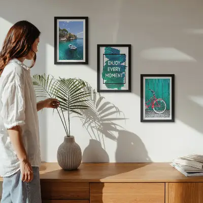 Ensemble de 3 tableaux vue sur la mer avec inscription inspirante bateau et vélo