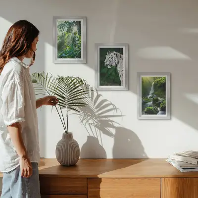 Lot de 3 tableaux représentant une jungle avec un tigre blanc et une cascade sauvage