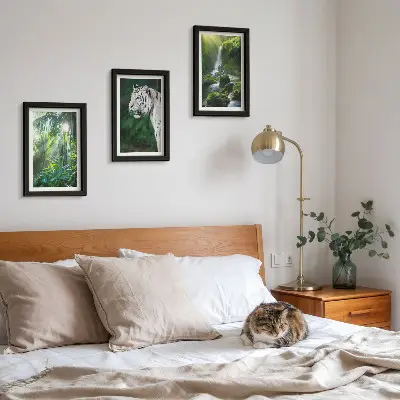 Lot de 3 tableaux représentant une jungle avec un tigre blanc et une cascade sauvage