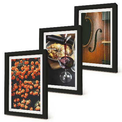 Ensemble de 3 tableaux Fleurs romantiques vintage, vin et violon