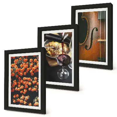 Ensemble de 3 tableaux représentant des fleurs romantiques vintage, du vin et un violon