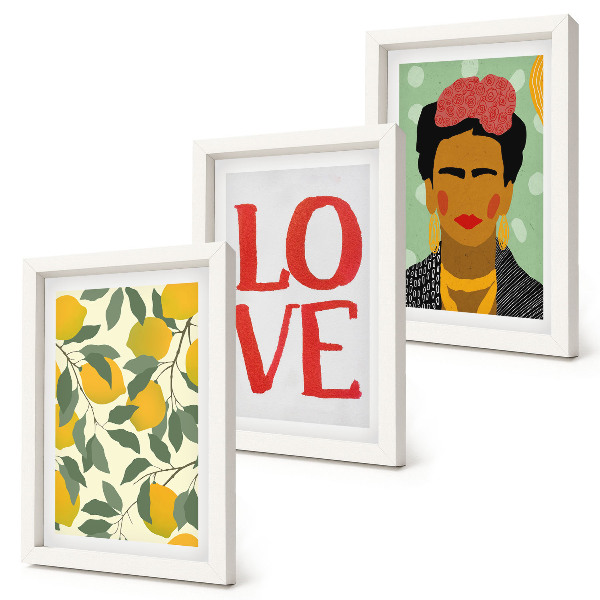 Mur de cadres Citrons avec l'inscription AMOUR, portrait peint de Frida Kahlo