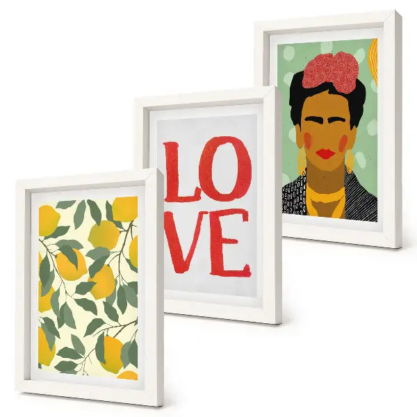 Mur de cadres citrons avec le mot AMOUR et portrait peint de Frida Kahlo