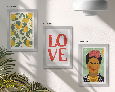 Mur de cadres Citrons avec l'inscription AMOUR, portrait peint de Frida Kahlo
