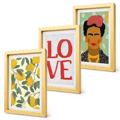 Mur de cadres Citrons avec l'inscription AMOUR, portrait peint de Frida Kahlo