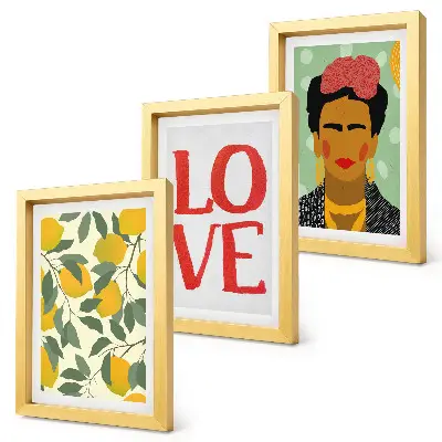Mur de cadres citrons avec le mot AMOUR et portrait peint de Frida Kahlo