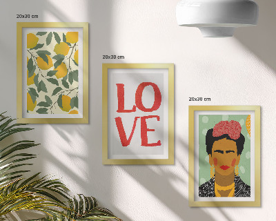 Mur de cadres Citrons avec l'inscription AMOUR, portrait peint de Frida Kahlo