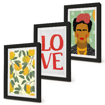 Mur de cadres Citrons avec l'inscription AMOUR, portrait peint de Frida Kahlo