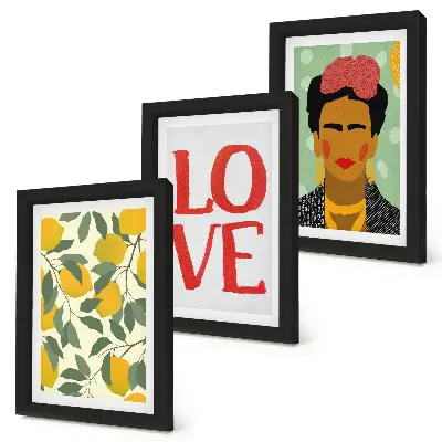 Mur de cadres citrons avec le mot AMOUR et portrait peint de Frida Kahlo