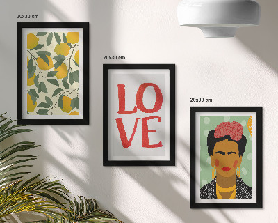 Mur de cadres Citrons avec l'inscription AMOUR, portrait peint de Frida Kahlo