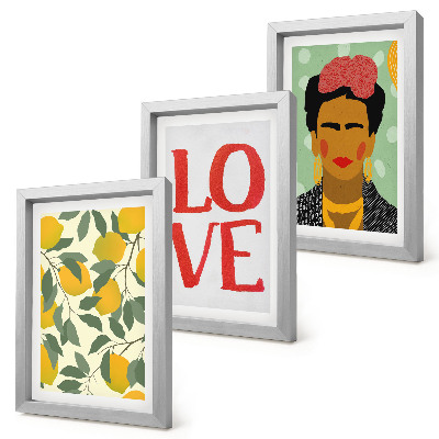 Mur de cadres Citrons avec l'inscription AMOUR, portrait peint de Frida Kahlo