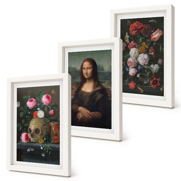 Lot de 3 tableaux Fleurs vintage, crâne et portrait de la Joconde par Léonard de Vinci