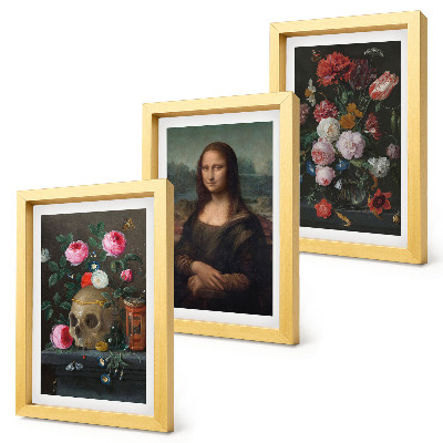 Lot de 3 tableaux Fleurs vintage, crâne et portrait de la Joconde par Léonard de Vinci