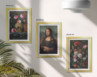 Lot de 3 tableaux Fleurs vintage, crâne et portrait de la Joconde par Léonard de Vinci