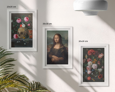 Lot de 3 tableaux Fleurs vintage, crâne et portrait de la Joconde par Léonard de Vinci