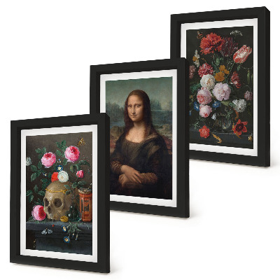 Lot de 3 tableaux Fleurs vintage, crâne et portrait de la Joconde par Léonard de Vinci
