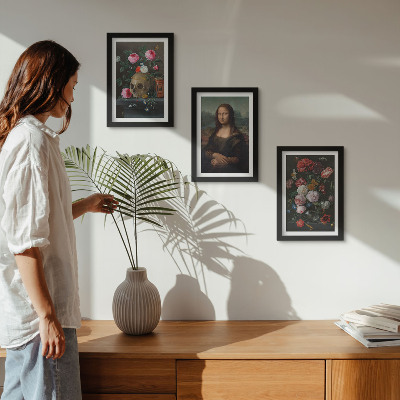 Lot de 3 tableaux Fleurs vintage, crâne et portrait de la Joconde par Léonard de Vinci