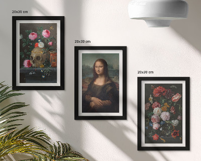 Lot de 3 tableaux Fleurs vintage, crâne et portrait de la Joconde par Léonard de Vinci