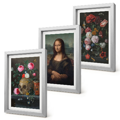 Lot de 3 tableaux Fleurs vintage, crâne et portrait de la Joconde par Léonard de Vinci