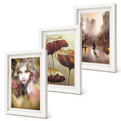 Mur de cadres Portrait abstrait d'une femme, de fleurs et d'une ville sous la pluie.