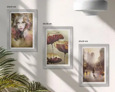 Mur de cadres portrait abstrait d'une femme avec des fleurs et une ville sous la pluie