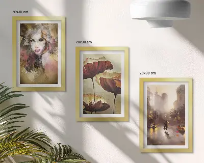 Mur de cadres portrait abstrait d'une femme avec des fleurs et une ville sous la pluie