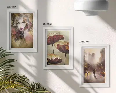 Mur de cadres portrait abstrait d'une femme avec des fleurs et une ville sous la pluie