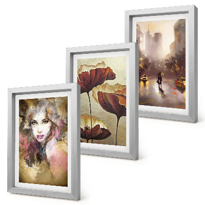 Mur de cadres Portrait abstrait d'une femme, de fleurs et d'une ville sous la pluie.