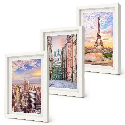 Ensemble de 3 tableaux représentant les villes de New York, Paris et Varsovie au crépuscule