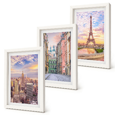 Ensemble de 3 tableaux Vue des villes de New York, Paris et Varsovie au crépuscule