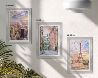 Ensemble de 3 tableaux Vue des villes de New York, Paris et Varsovie au crépuscule