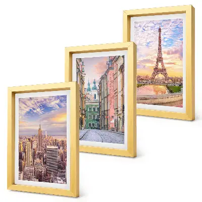 Ensemble de 3 tableaux représentant les villes de New York, Paris et Varsovie au crépuscule