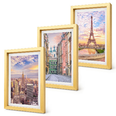 Ensemble de 3 tableaux Vue des villes de New York, Paris et Varsovie au crépuscule
