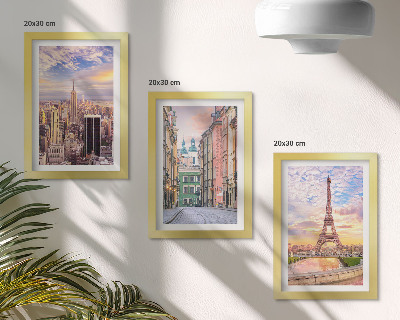 Ensemble de 3 tableaux Vue des villes de New York, Paris et Varsovie au crépuscule