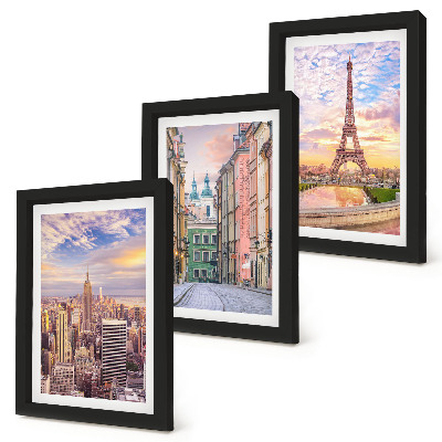 Ensemble de 3 tableaux Vue des villes de New York, Paris et Varsovie au crépuscule