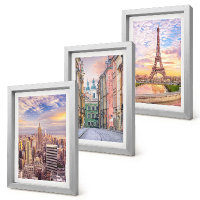 Ensemble de 3 tableaux Vue des villes de New York, Paris et Varsovie au crépuscule