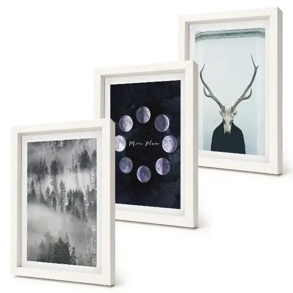 Lot de 3 tableaux représentant un paysage forestier dans le brouillard avec des phases de la lune et un crâne de cerf