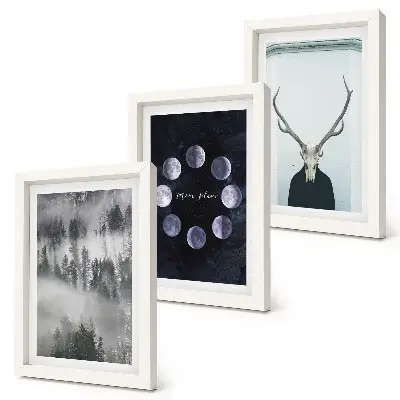 Lot de 3 tableaux représentant un paysage forestier dans le brouillard avec des phases de la lune et un crâne de cerf