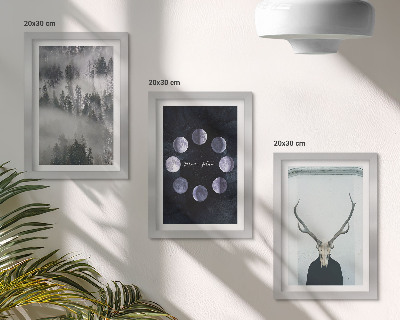 Lot de 3 tableaux Paysage forestier dans le brouillard, phases de la lune, crâne de cerf
