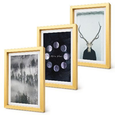 Lot de 3 tableaux Paysage forestier dans le brouillard, phases de la lune, crâne de cerf