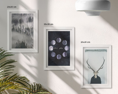 Lot de 3 tableaux Paysage forestier dans le brouillard, phases de la lune, crâne de cerf