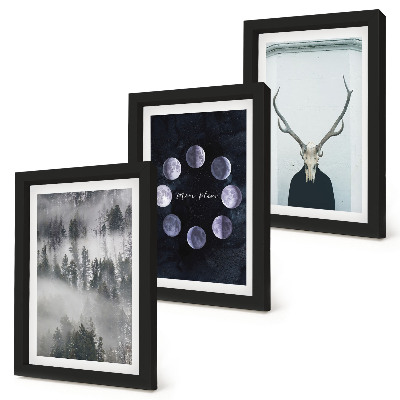 Lot de 3 tableaux Paysage forestier dans le brouillard, phases de la lune, crâne de cerf