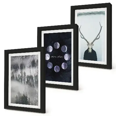 Lot de 3 tableaux représentant un paysage forestier dans le brouillard avec des phases de la lune et un crâne de cerf
