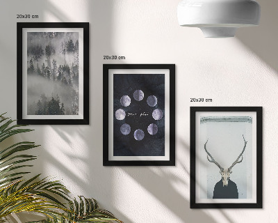 Lot de 3 tableaux Paysage forestier dans le brouillard, phases de la lune, crâne de cerf